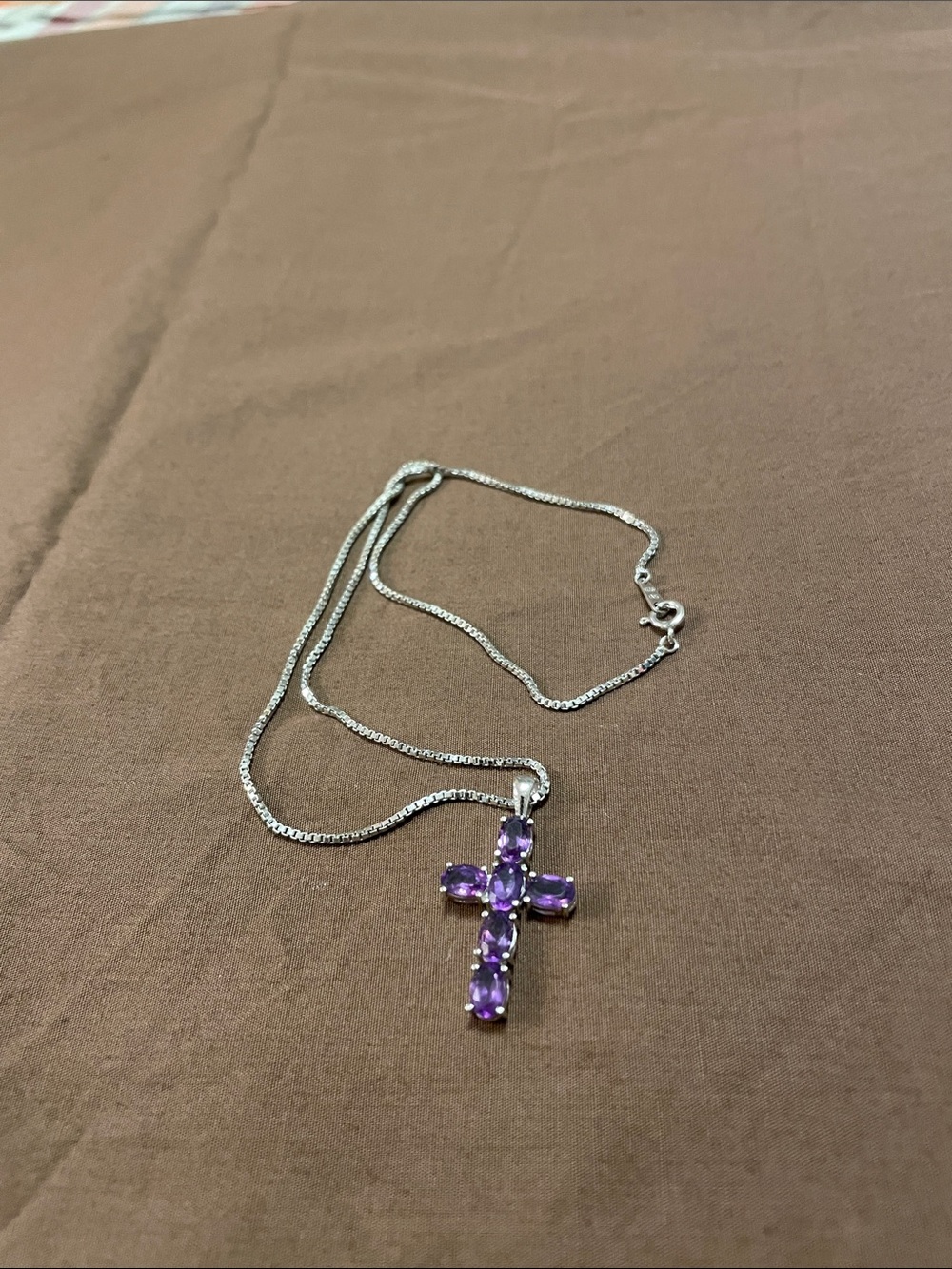 Silver Cross Pendant Necklace with Purple Gemstones